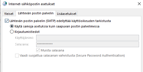 Samat saapuvan ja lähtevän postin asetukset valittuna